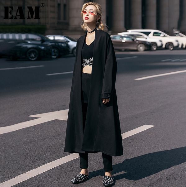 

eam] 2019 new autumn winter lapel long sleeve brief temperament loose big size windbreaker women trench fashion tide jx950, Tan;black