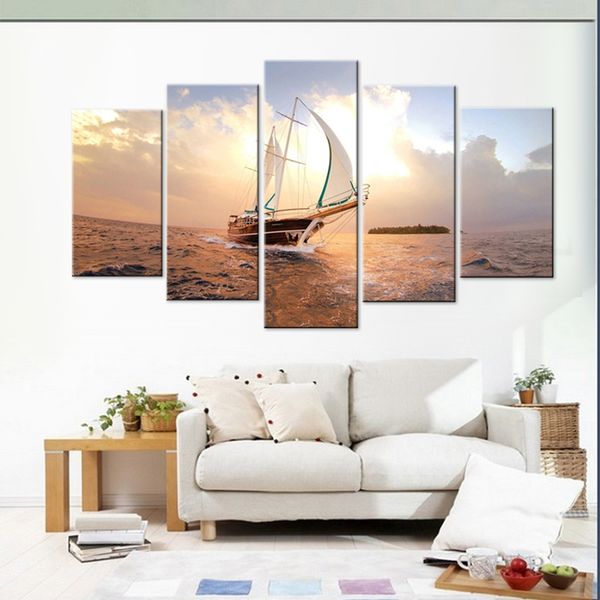 

wall art frame canvas hd print painting 5 pieces sailboat sunshine poster modern seascape sailing boat picture home decor
