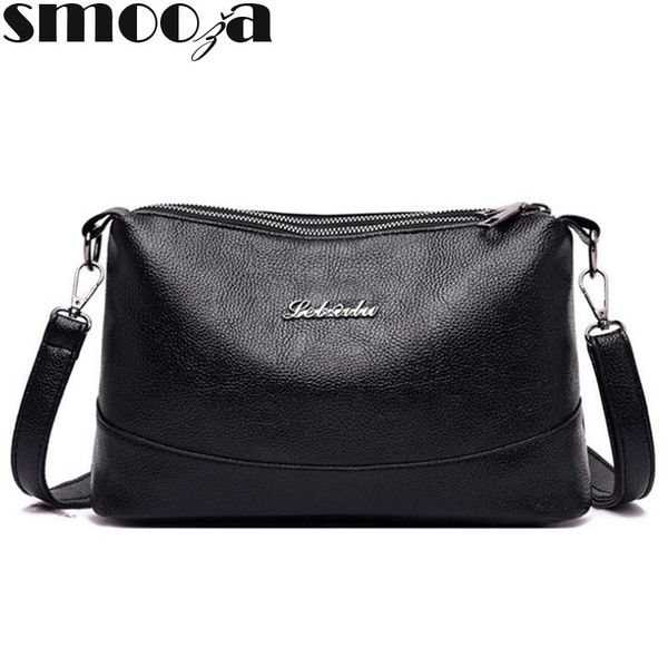 

smooza double pockets sling bags soft pu leather women crossbody bag with two strap shoulder female messenger bags black