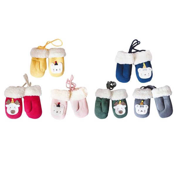 

newborn kids winter knitted gloves cute cartoon bear hang neck mittens d08c, White