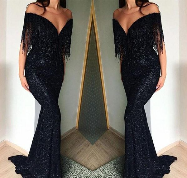 

black off shoulder prom dresses 2019 mermaid tassels holidays graduation wear evening party gowns custom made plus size