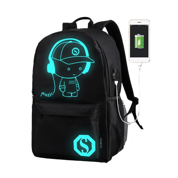 

student fashion sports bag luminous animation teen usb charging computer backpack