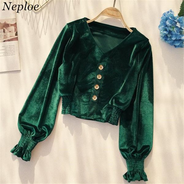 

neploe solid velvet v-neck elegant women blouse vintage buttons female short 2020 autumn new fashion chic girl blusa 69036, White