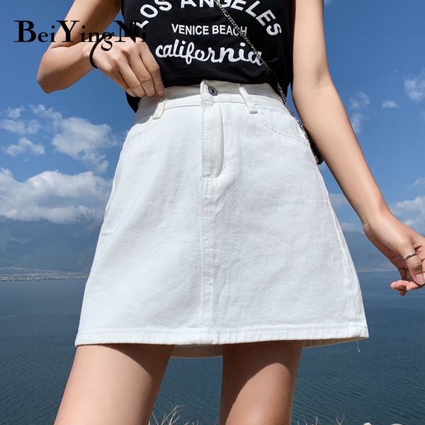 

beiyingni vintage skirt women korean plus size high street solid white pink black jeans skirt casual a-line mini denim saia