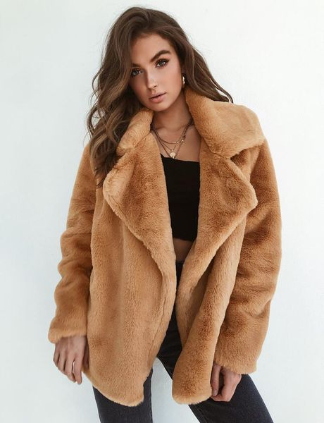 

women's fur & faux solid slim thin coat women long sleeve turn-down collar warm autumn winter soft casual open stitch jacket, Black