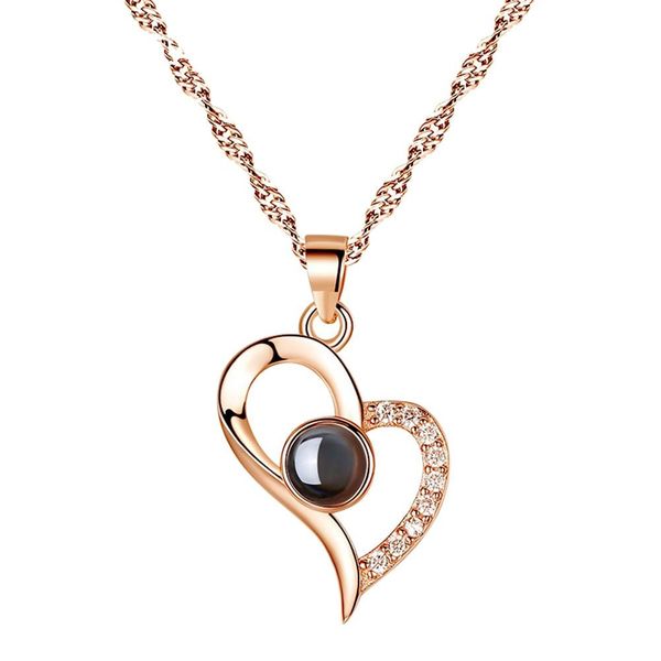 

women love heart pendant necklaces shiny rhinestone wedding party necklace i love you in 100 languages, Silver