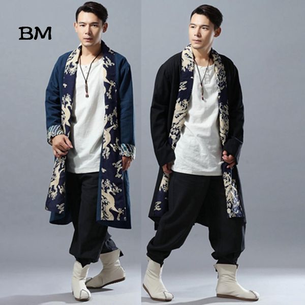 

2020 осень длинных пальто мужчину мысы китайского дракона лоскутного белье кимоно кардиган сыпучая ветровка мужская шинель trenchcoat, Tan;black