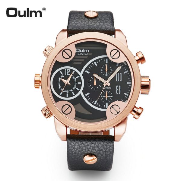 

oulm watch men quartz clock 2 time zone black leather strap rose golden big size case wristwatches, Slivery;brown