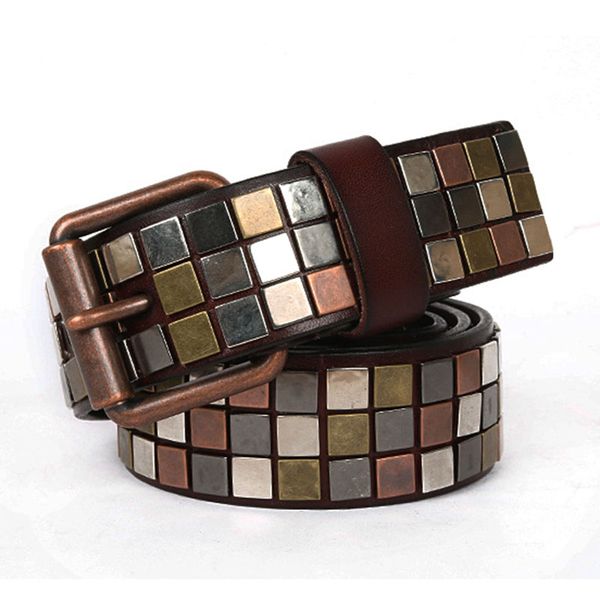 

metal flat nail inlay pin buckle waist belts for women rivet metal women's belt genuine leather female belts, Black;brown