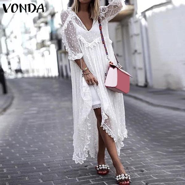 

vonda summer white lace dress 2019 women v-neck dot hollow asymmetrical hem dress bohemian holiday vestidos plus size s-5xl, Black;gray