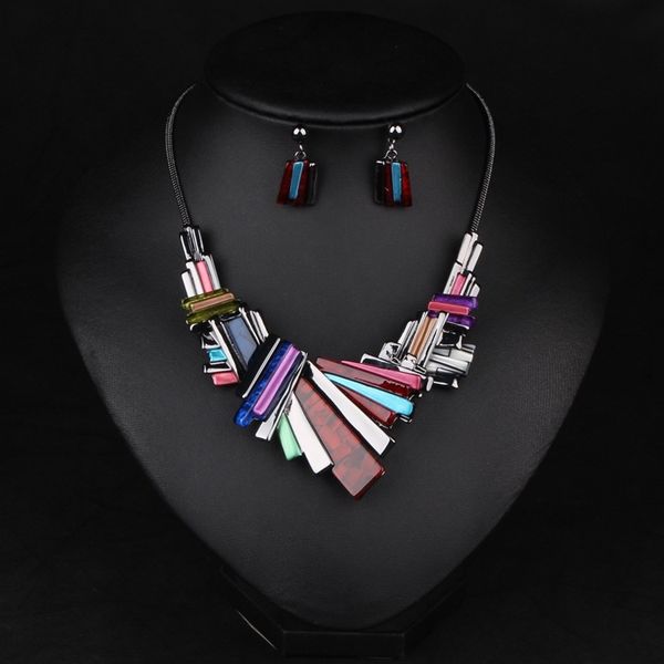 

haeqis fashion geometric resin jewelry chain luxury necklace and earrings for woman party dress costume equisite jewelry sets, Silver