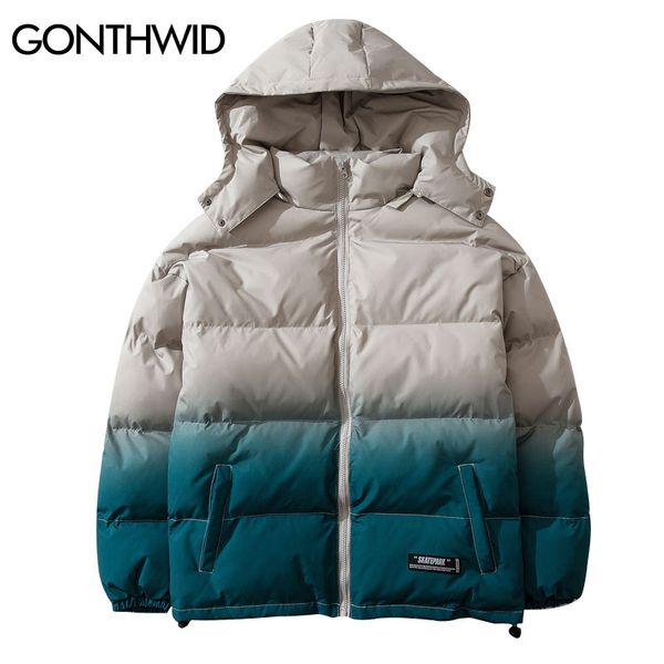 

gonthwid gradient puffer cotton padded parkas thick warm removable hooded parka jackets streetwear hip hop casual jacket coats, Black