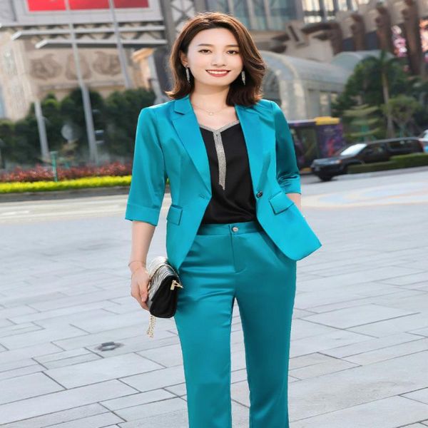 

women 2 piece set fashion suit temperament 2020 spring new seven-point sleeve notch suit pants temperament two-piece, White