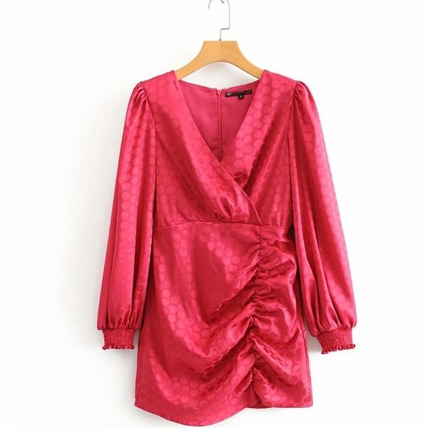 

2020 women elegant cross v neck dots print casual pleated mini dress female lantern sleeve dresses stylish vestidos mujer ds3137, Black;gray