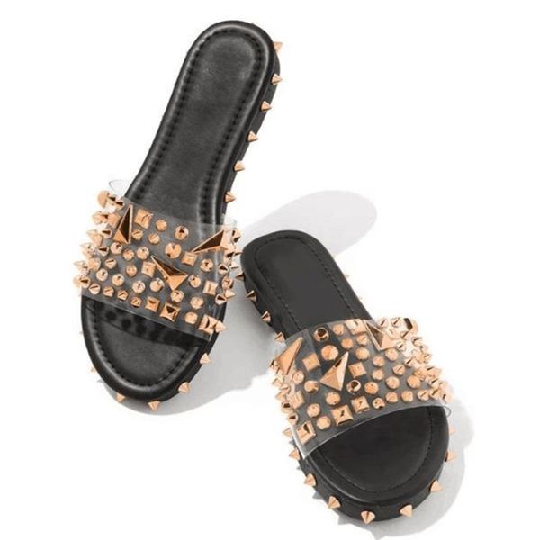 

snake pattern graffiti rivet rhinestone outdoor beach flat durable slippers women 2020 new spring/summer sandals pvc rivets ms, Black