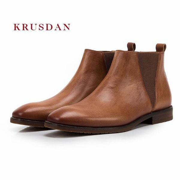 

krusdan new brand winter men ankle boots handmade brown genuine leather riding walking oxford shoes men slip on flats plus 38-46, Black