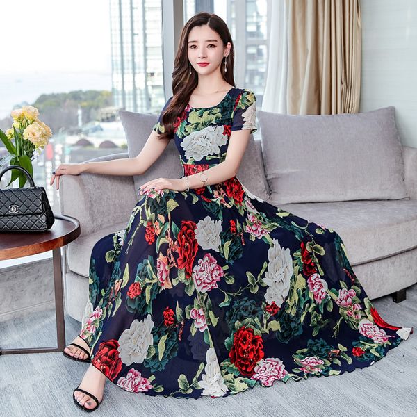 

new chiffon high elastic waist party dress a-line women short sleeve flower print floral bohemian dress female vestido plus size, Black;gray