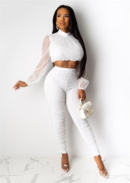 

dot print 2pc suits fashion mesh panelled long sleeve casual natural color long pants women clothing women designer polka, White
