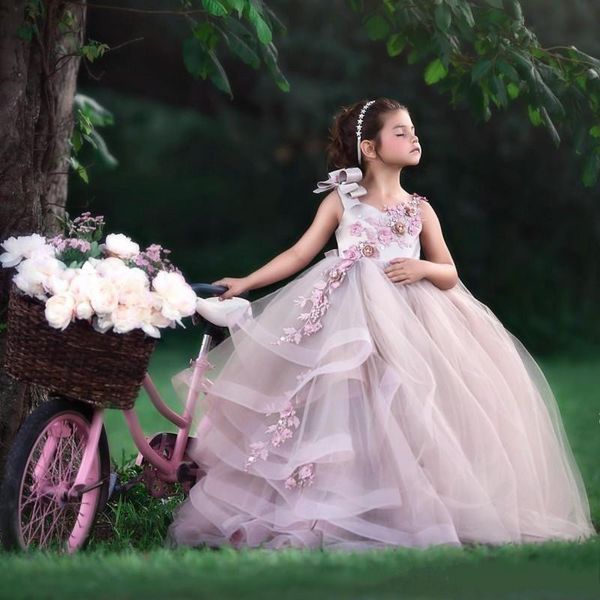 Hübsche Blumenmädchenkleider mit Juwelen, handgefertigten Blumen, Perlen für Kinder, formelle Kleidung, offener Rücken, lange Geburtstags-Festzug-Kleider für Kleinkinder