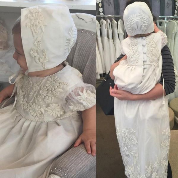

elegant latest christening gowns for baby girls jewel neck beads lace appliqued baptism dresses flower girls dress with bonnet, White