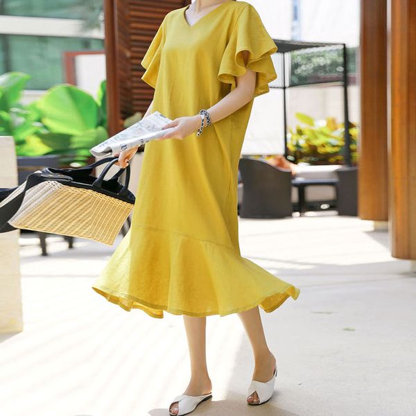 

new 2019 korean style ruffles yellow dress long vintage dress female cotton linen dresses vestidos moir girl, Black;gray