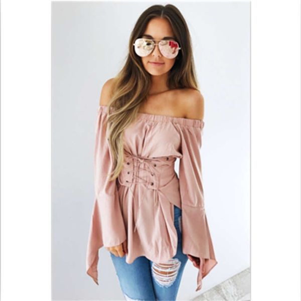 

women's blouses & shirts women off shoulder pink fashion vintage long sleeve shirt tied festivals classics lace up blouse, White