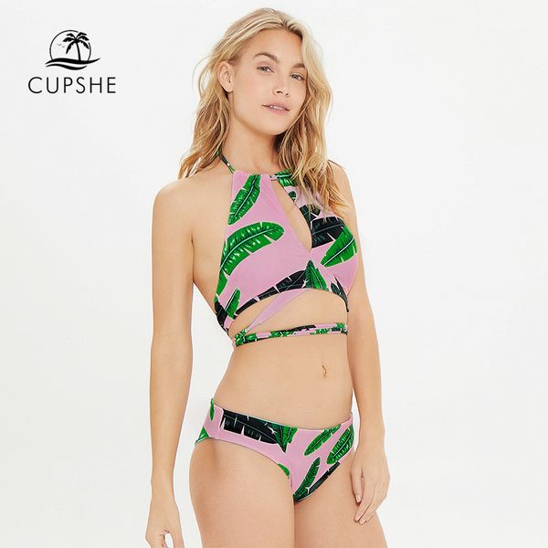 

cupshe pink banana leaf wrap halter bikini sets women tank two pieces swimsuits 2019 girl beach bathing suits swimwear, White;black
