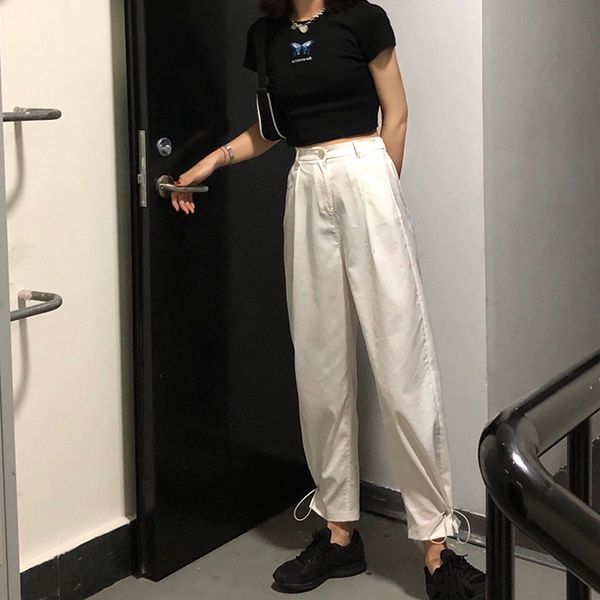 

2020 summer new king fried drawstring high waist slimming wide leg tooling leggings cropped white casual pants women, Red