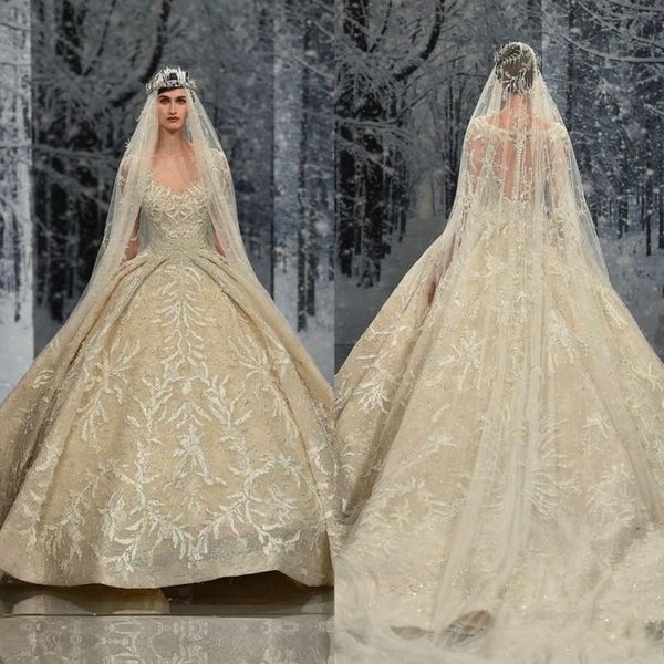 

ziad nakad vintage ball gown wedding dresses sweep train lace applique sequins beads long sleeve hollow back plus size bridal dress