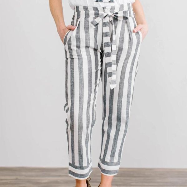 

stripe elastic waist stretch ankle-length pants slim casual trousers women elastic waist fitness running harem pants legging 5w3, Black;white