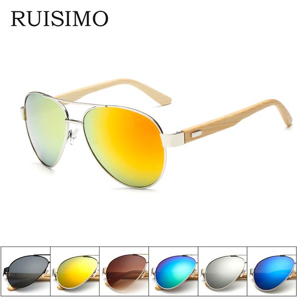 

ruisimo bamboo pilot sunglasses men wooden metal women pilot brand designer mirror original sun glasses drive retro de sol, White;black