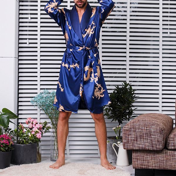 

print bademantel luxury kimono robe men fashion soft nightwear autumn casual long-sleeve peignoir homme comfortable sleepwear, Black;brown