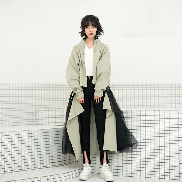 

ewq] new 2018 fashion long batwing sleeve lapel single breasted coat patchwork detachable skirt casual loose suit women ac049, Gray