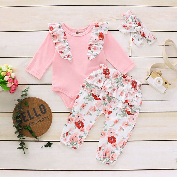 

us newborn baby sweet girls kids floral romper pant headband autumn clothes, Pink;blue