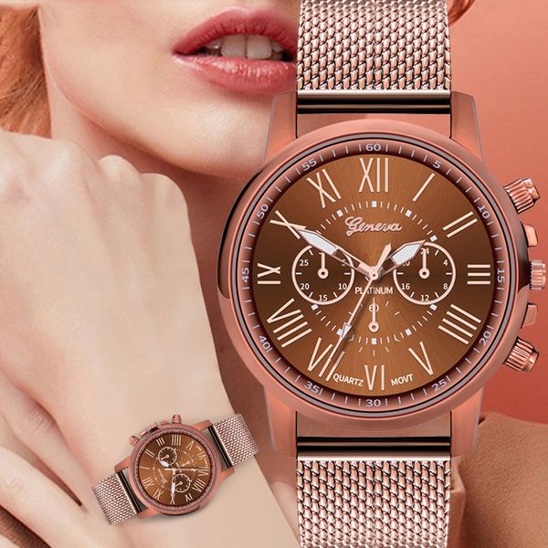 

geneva fashion luxury brand women watches quartz stainless steel dial casual bracele ladies clock wrist watches bayan saat, Slivery;brown