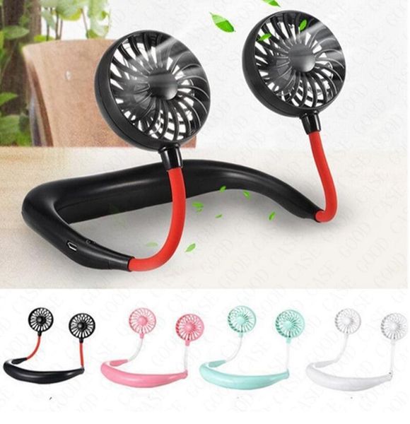 

sports traval hang mini fan 360 degree rotating neckband lazy neck hands hanging neck fan usb rechargeable hanging dual cooling d61702, Blue