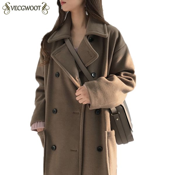 

long solid color woolen jacket women 2019 new long sleeve winter coat thick loose woolen coat female plus cotton outwear hp177, Black