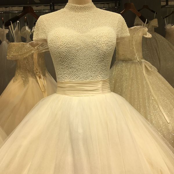 

new arrival high neck ball gown wedding dresses with short sleeves pearls wedding gowns empire waist bodice bridal dresses, White