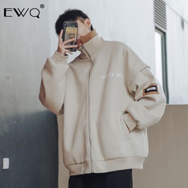 

ewq / 2019 autumn new fashion loose double turtleneck letter embroidery coat men baseball uniform long sleeve tide jacket 9a022, Black;brown