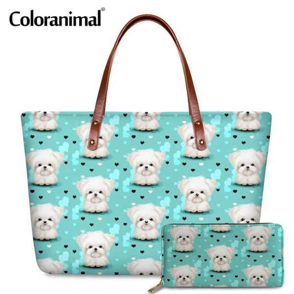 

coloranimal new women tote handbag set cartoon maltese printed large capacity storage bag leather shoulder bag clutch wallet