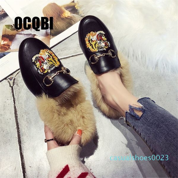 

2018 winter women's black retro fashion loafers square toe slip on flat outdoor slippers with furry and buckle backless slipper c23