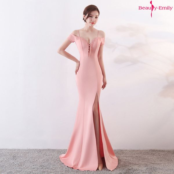 

beauty emily off the shoulder sling evening dress v neck ribbons lace party dress high split pleated prom gowns vestido de noche, White;black