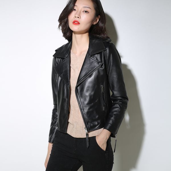 

2019 spring autumn genuine leather jacket motorcycle real sheepskin coat for women short black slim jackets outerwear yq403