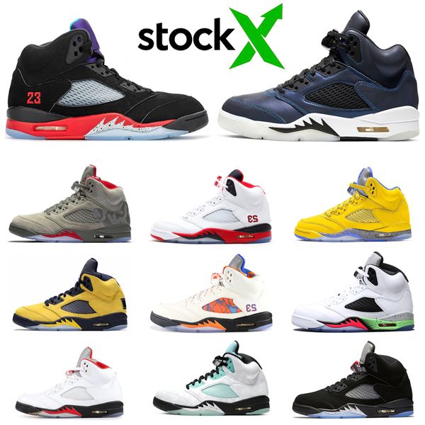 

stock x jumpman 5s men basketball shoes black metallic fire red silver oil grey white cement mens trainer sports sneakers 7-13
