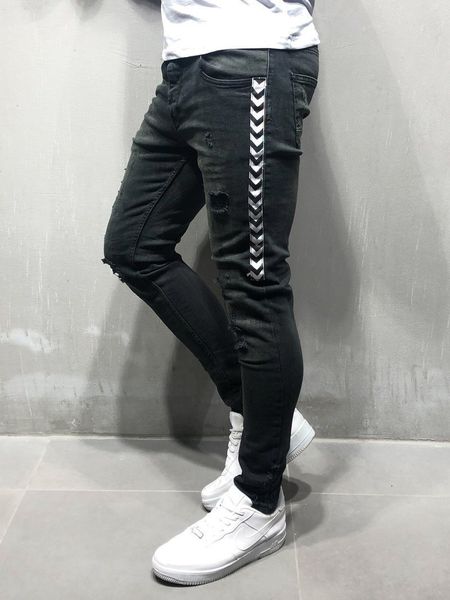 

mens skinny jeans 2019 super skinny jeans men side striped stretch denim pants elastic waist big size, Blue