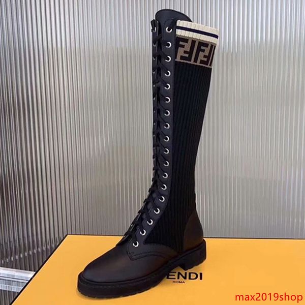 

vintage newfendiautumn leather stitching f letter high boots women s straps wild socks boots flat knit elastic boots