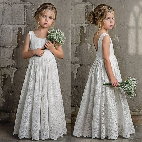 Heißer Verkauf Böhmen Spitze Blumenmädchenkleider Für Strand Hochzeit Festzug Kleider Rückenfrei Bodenlangen Boho Kinder Kommunion Kleid