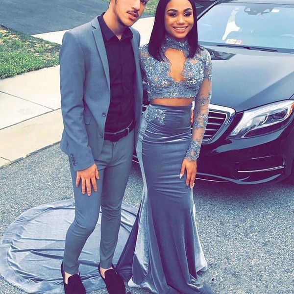 

2019 african two pieces prom dresses lace sheer long sleeves high neck evening gowns sweep train mermaid cocktail party dress n48, Black