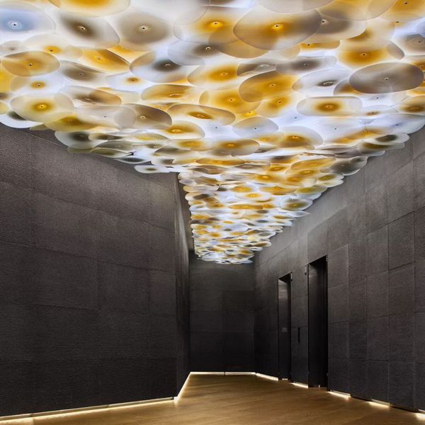 

2020 restaurant hanging ceiling lights art big christmas holiday 100% hand blown glass plates for sale