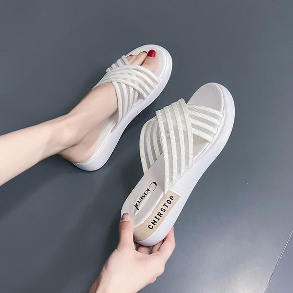 

shoes slippers women summer platform slides pantofle med fashion shale female beach 2020 flat luxury sabot pu fabric rubber, Black